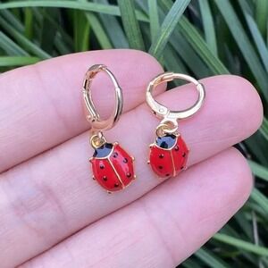 Ladybug Earrings Gold Tone Red Enamel Dangle Drop Cute Fun Jewelry